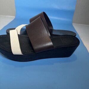 Tory Burch 60mm Wedge Slide Sandals Black Ivory Womens Size 8M Platform Logo F3